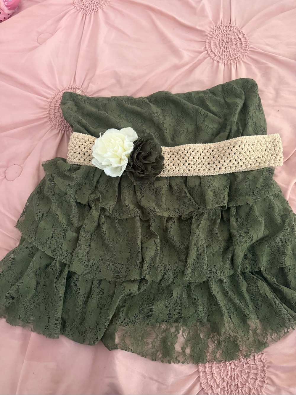 Rue21 Olive Lace Tiered Mini Skirt with Cream Crochet Belt